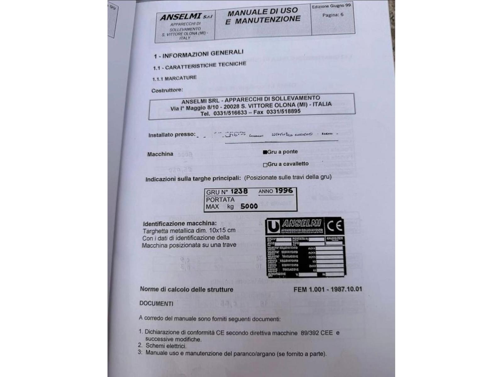 CARROPONTE BITRAVE ANSELMI 5 TON SCARTAMENTO 25430 MM