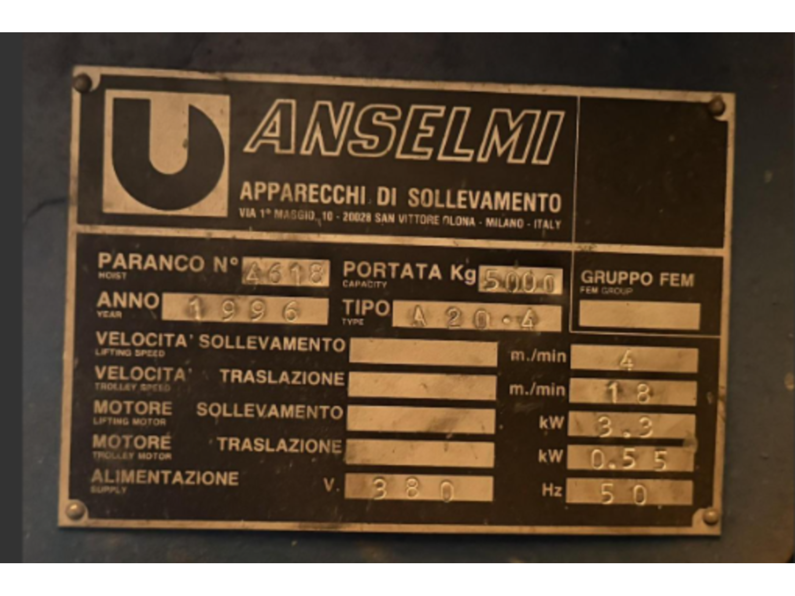 CARROPONTE BITRAVE ANSELMI 5 TON SCARTAMENTO 25430 MM