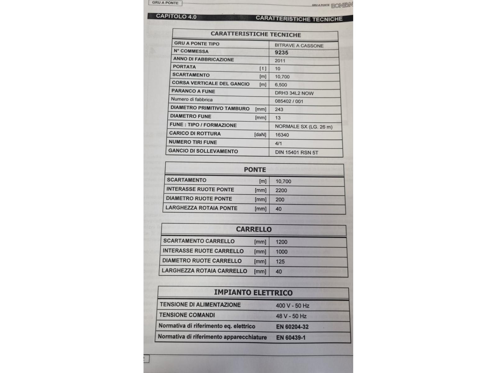 CARROPONTE BITRAVE BONFANTI 10 TON SCARTAMENTO 10700 MM