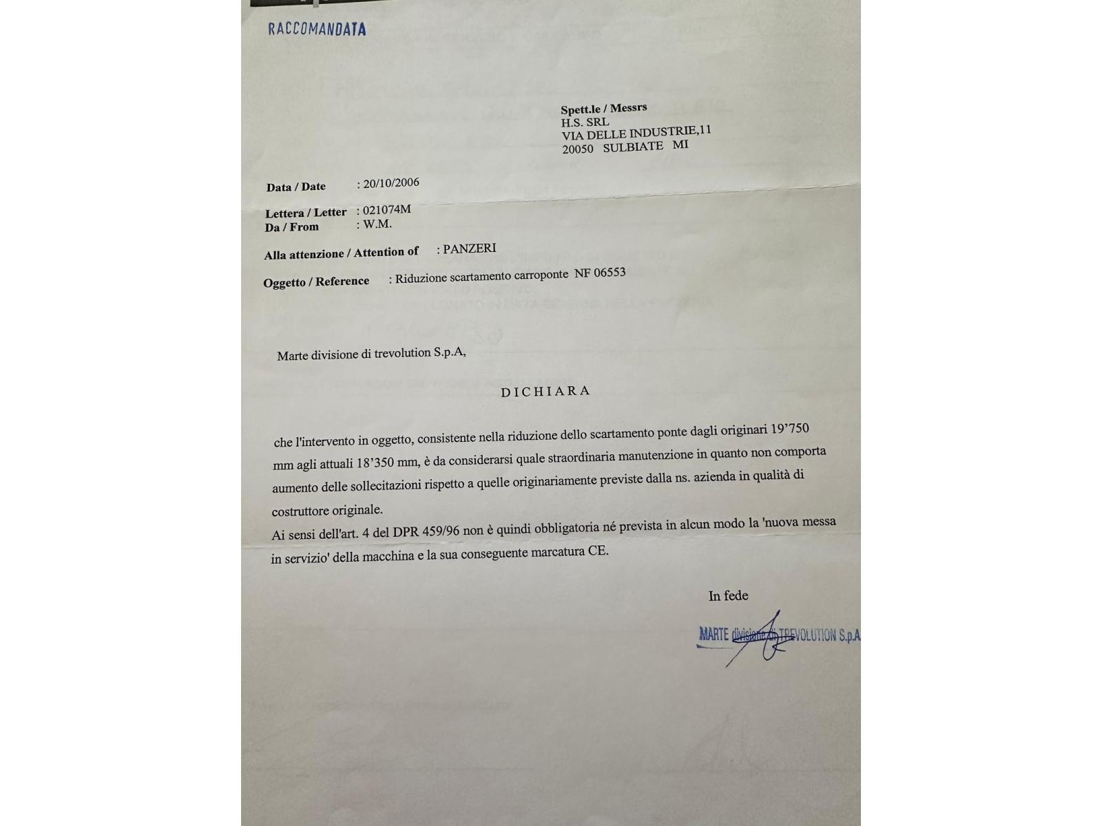 CARROPONTE BITRAVE MARTE 8 TON SCARTAMENTO 18350 MM ANNO 2000