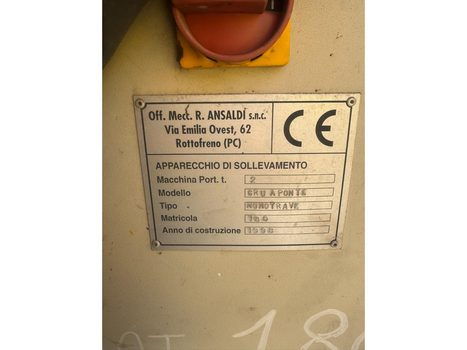 CARROPONTE MONOTRAVE ANSALDI 2 TON SCARTAMENTO 12640 MM ANNO 1998