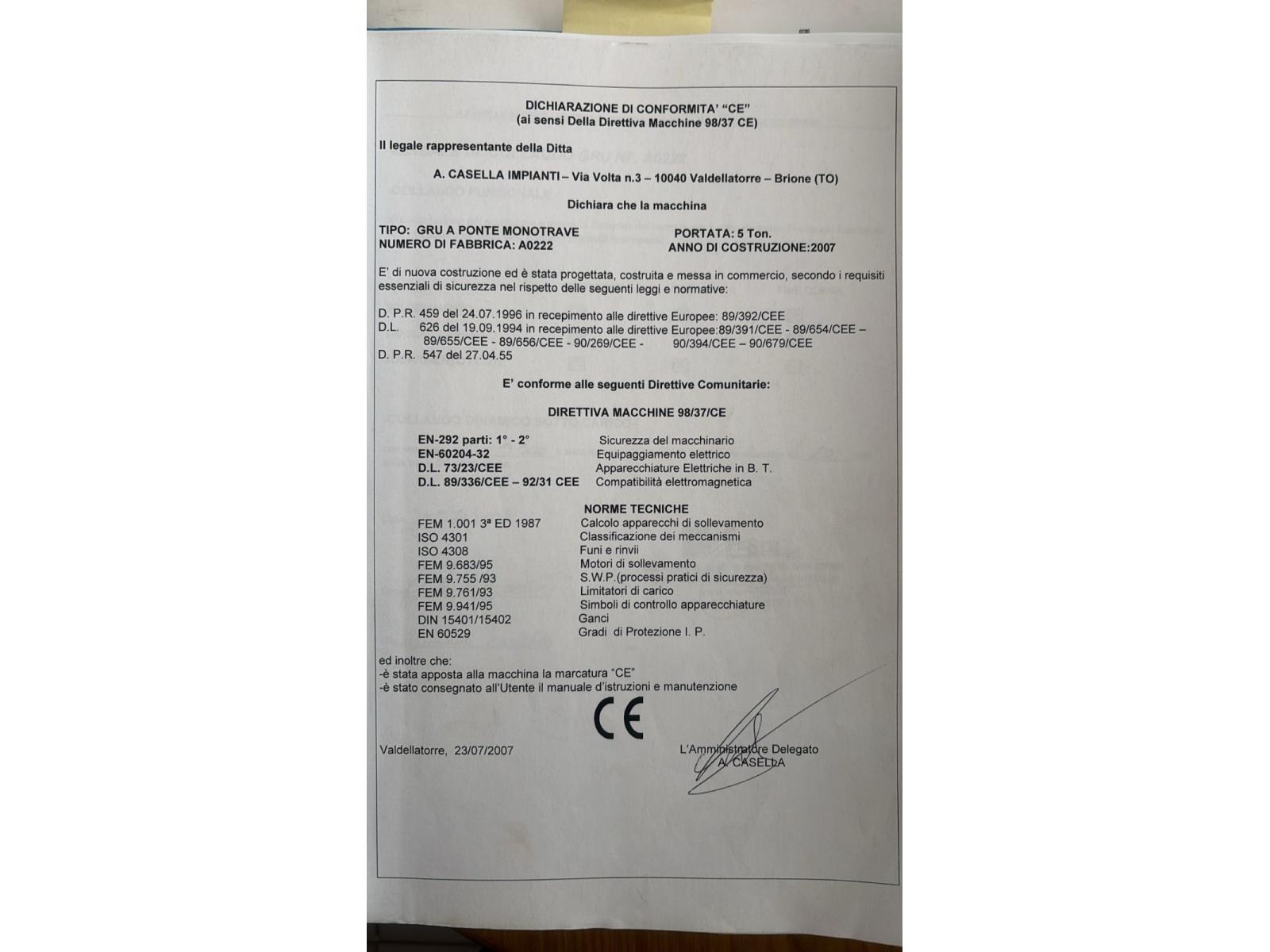 CARROPONTE MONOTRAVE CASELLA 5 TON SCARTAMENTO 16 MT