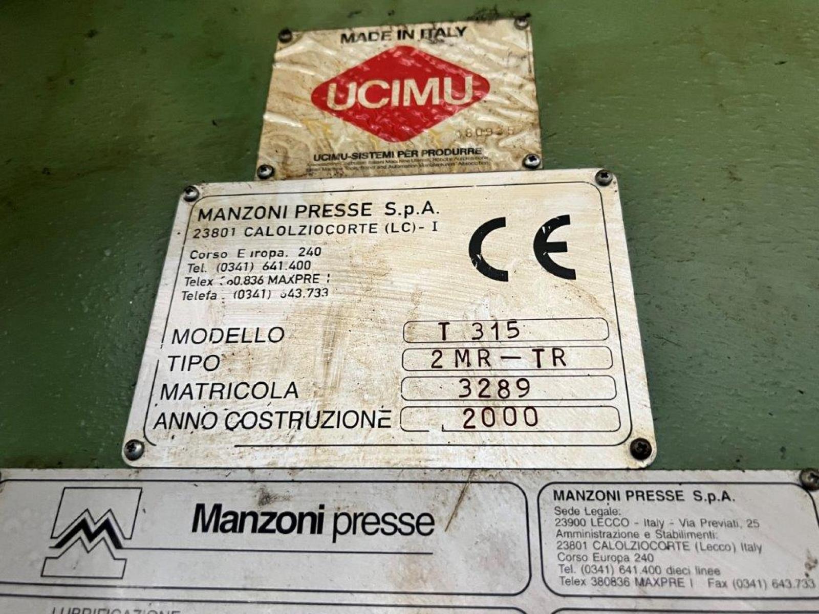 pressa meccanica eccentrica MANZONI PRESSE, Mod. 2MR-TR, Tipo 315, matr. 2898, anno 1995, marcata CE, piano 2400x1000, mot. Elet
