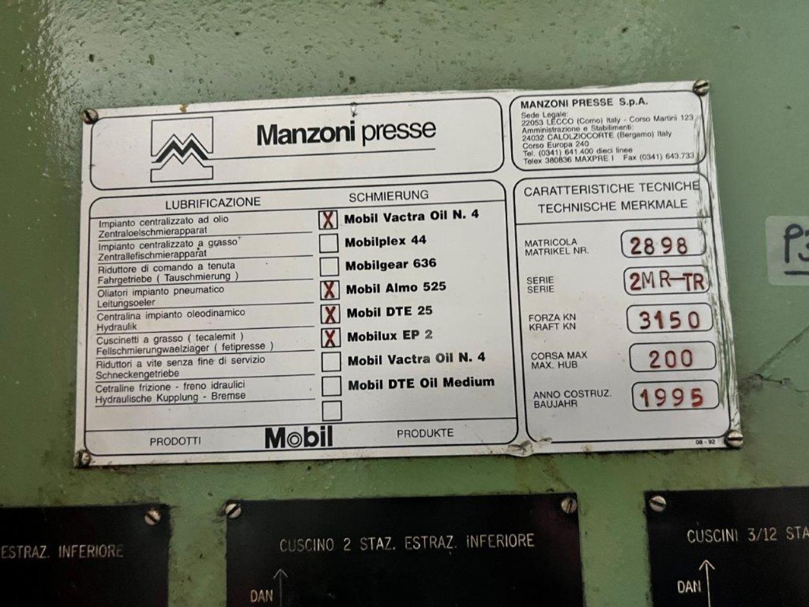 n. 1 pressa meccanica eccentrica MANZONI PRESSE, Mod. T 315, Tipo 2MR-TR, potenza 315 ton, matr. 3289, anno 2000, marcata CE, pi